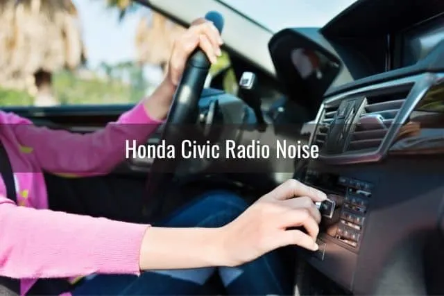 Girl with purple shirt leaves adjusting car radio