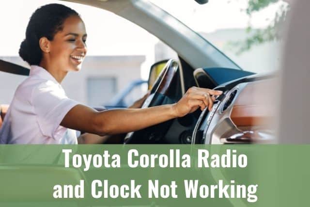 Female adjusting radio in car