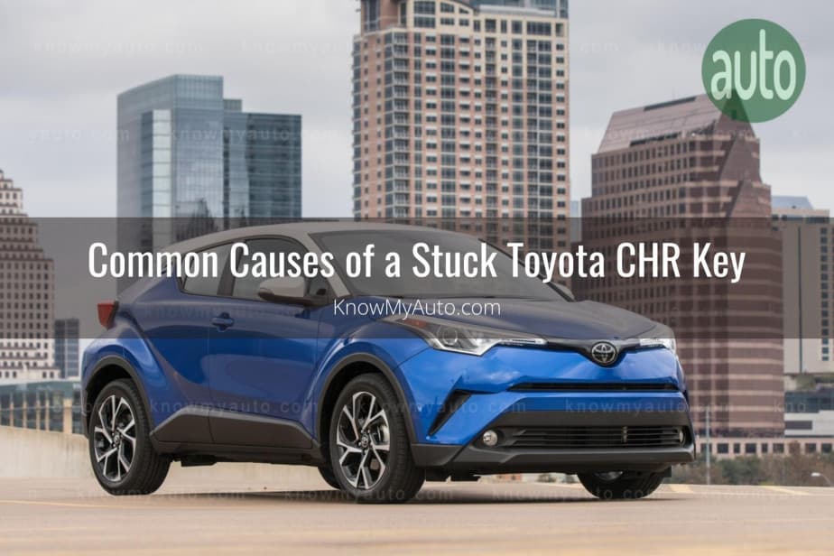 Blue Toyota CHR with cityscape in background